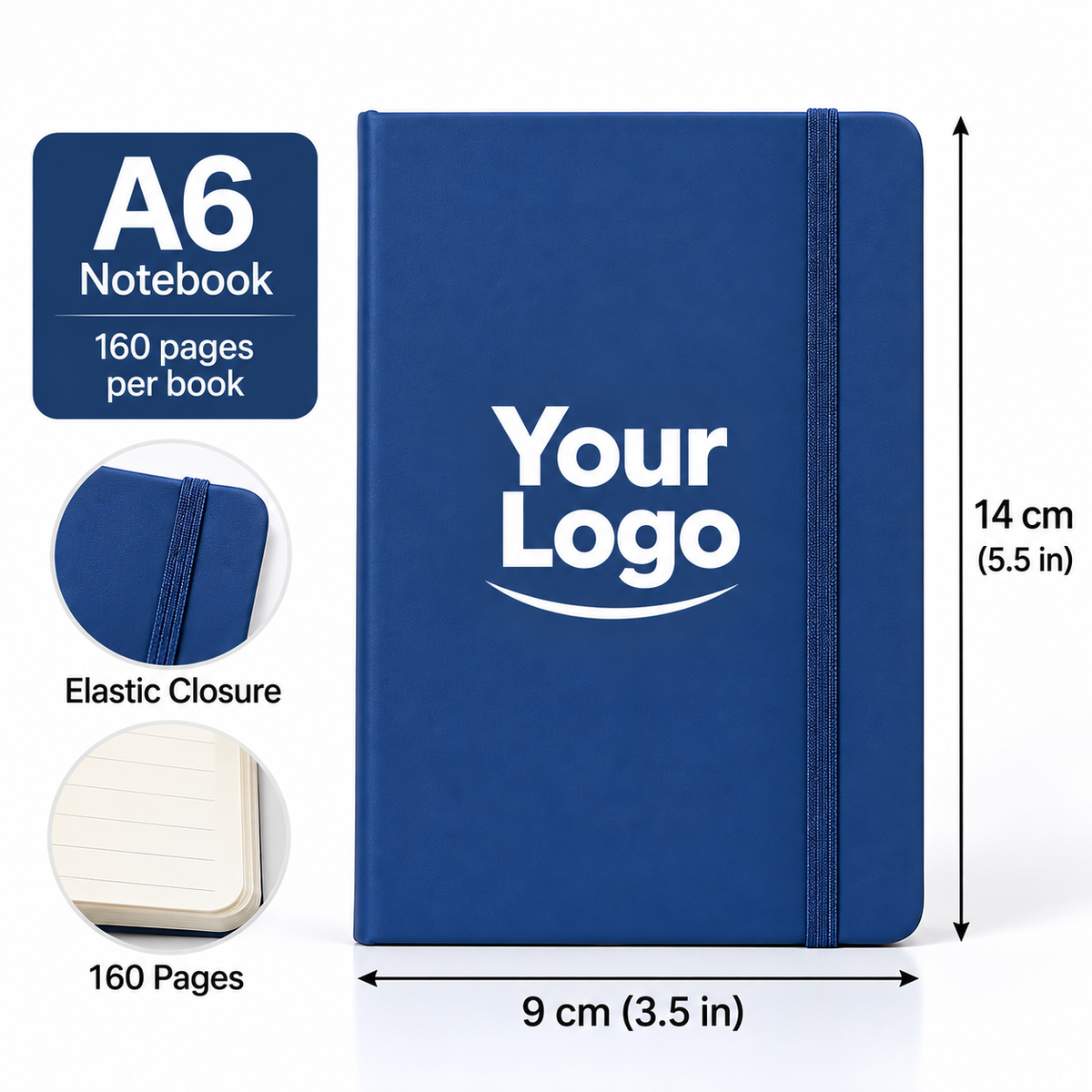 Custom A6 Notebook Wholesale | Personalized Pocket Journal with Logo, Elastic Strap, 160 Pages, 9 × 14 cm (3.5 × 5.5 in)