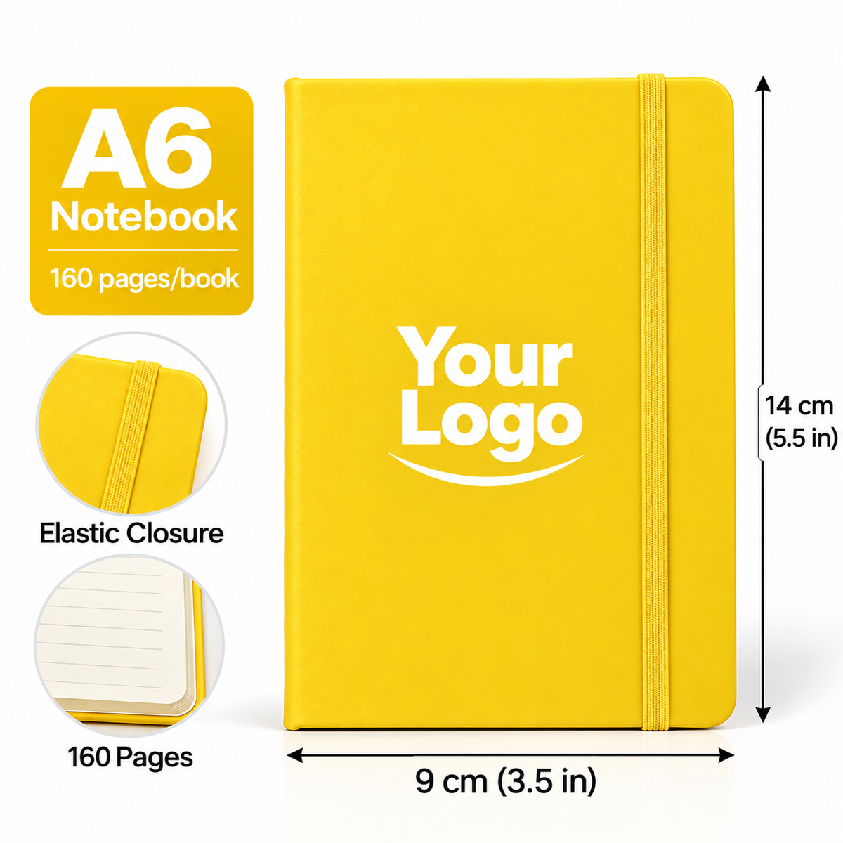 Custom A6 Notebook Wholesale | Personalized Pocket Journal with Logo, Elastic Strap, 160 Pages, 9 × 14 cm (3.5 × 5.5 in)