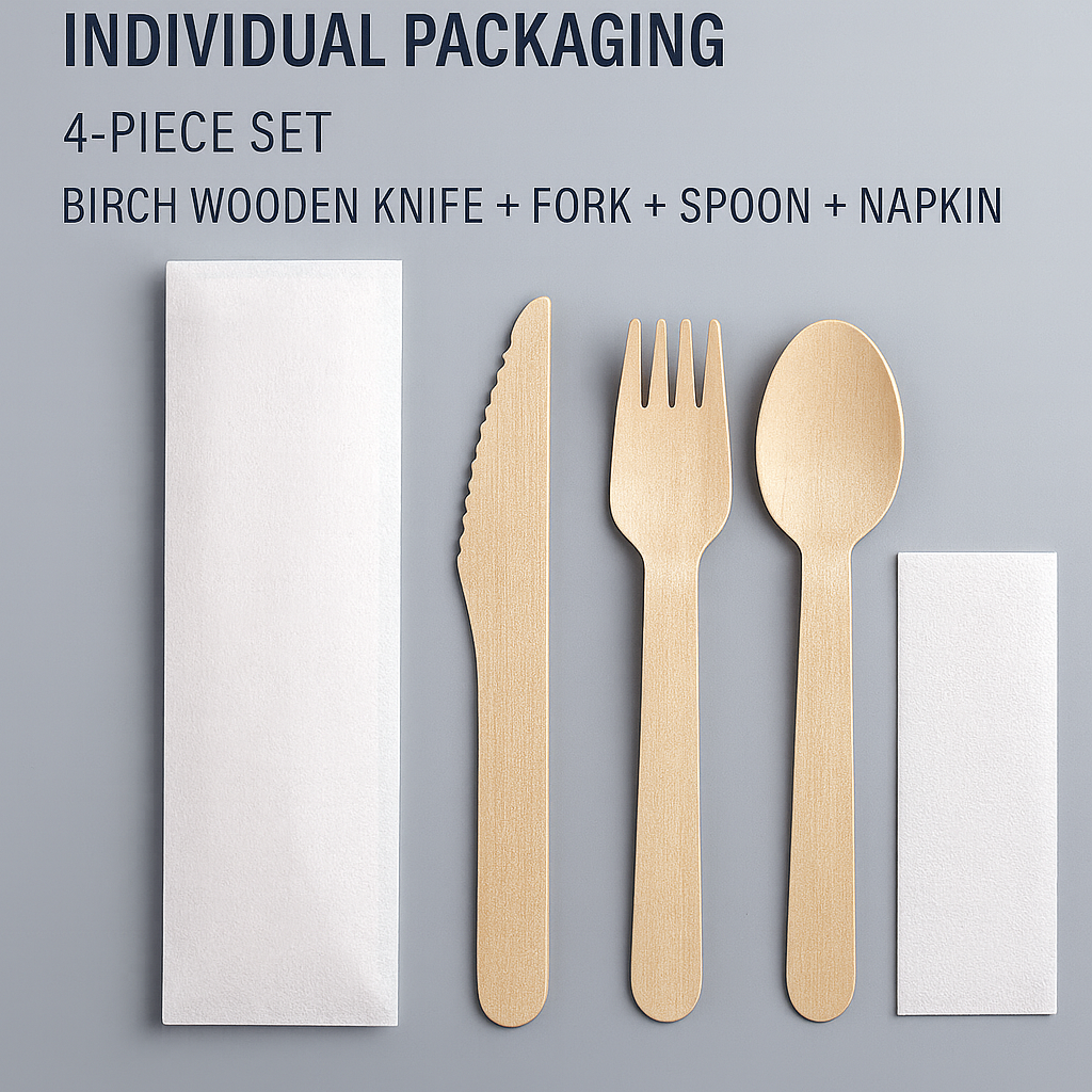 Juego de cubiertos de madera biodegradables: cuchillo, tenedor y cuchara occidentales de tejido para comida para llevar y envasado de alimentos.