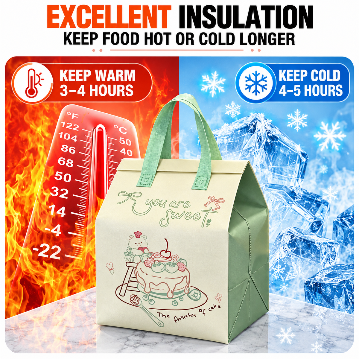 Extra Large Custom Logo Food Delivery Bag – Insulated Aluminum Foil Lined Reusable Takeout Carrier for Cake, Ice Cream & Frozen Foods