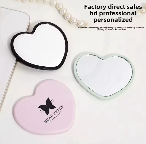 Travel Portable Compact Cute Mini Makeup Purse Mirror Small Hand Mirror Heart Shaped Custom Logo Small Pocket Mirror for Gift