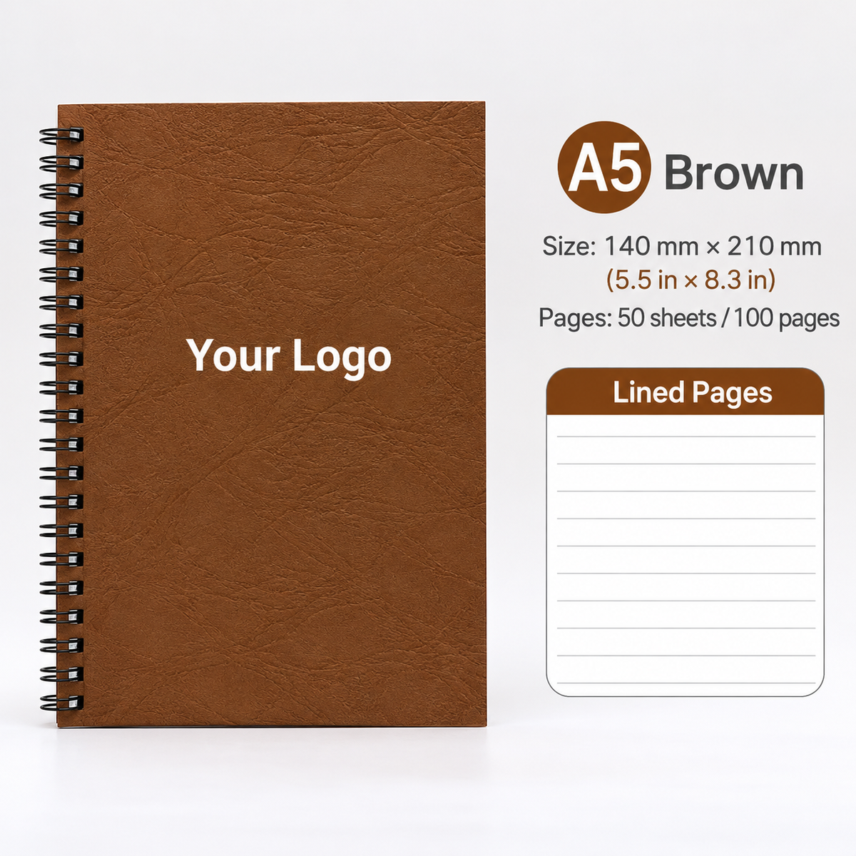 Custom Logo A5 Spiral Notebook, Personalized Lined Journal, 100 Pages, 5.5" x 8.3"