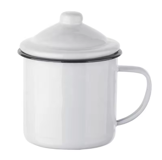 Taza de café deportiva de esmalte blanco personalizada de 12 oz con tapa, venta al por mayor
