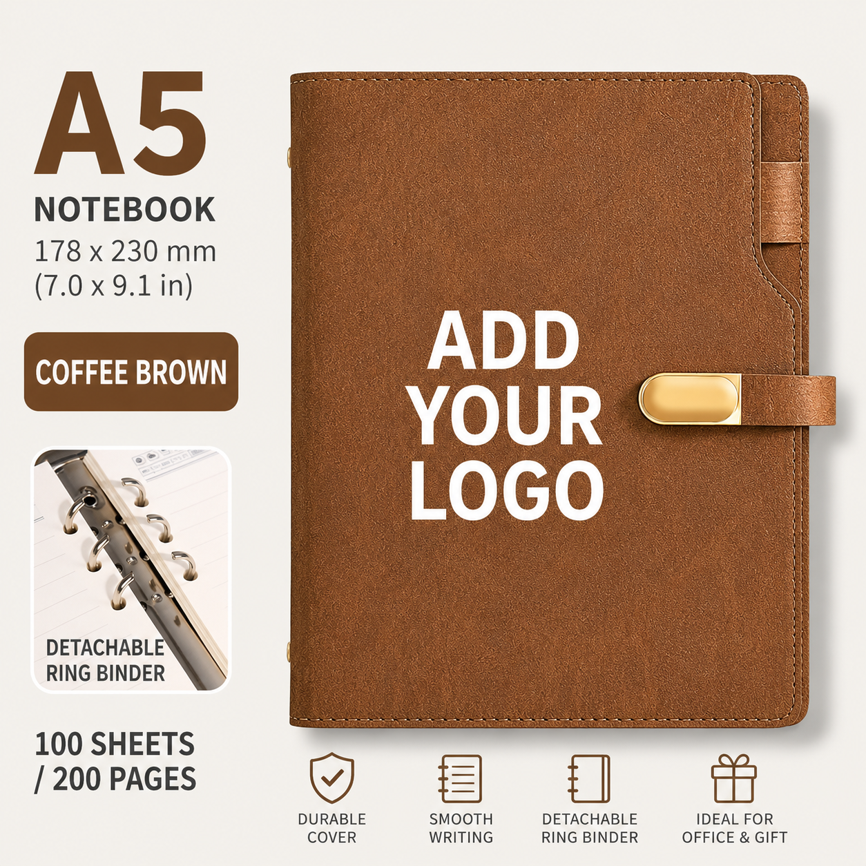 Custom Logo A5 Refillable PU Leather Notebook with 6-Ring Binder, 100 Sheets / 200 Pages, Business Journal Organizer