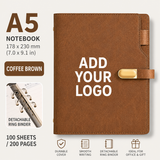 Custom Logo A5 Refillable PU Leather Notebook with 6-Ring Binder, 100 Sheets / 200 Pages, Business Journal Organizer