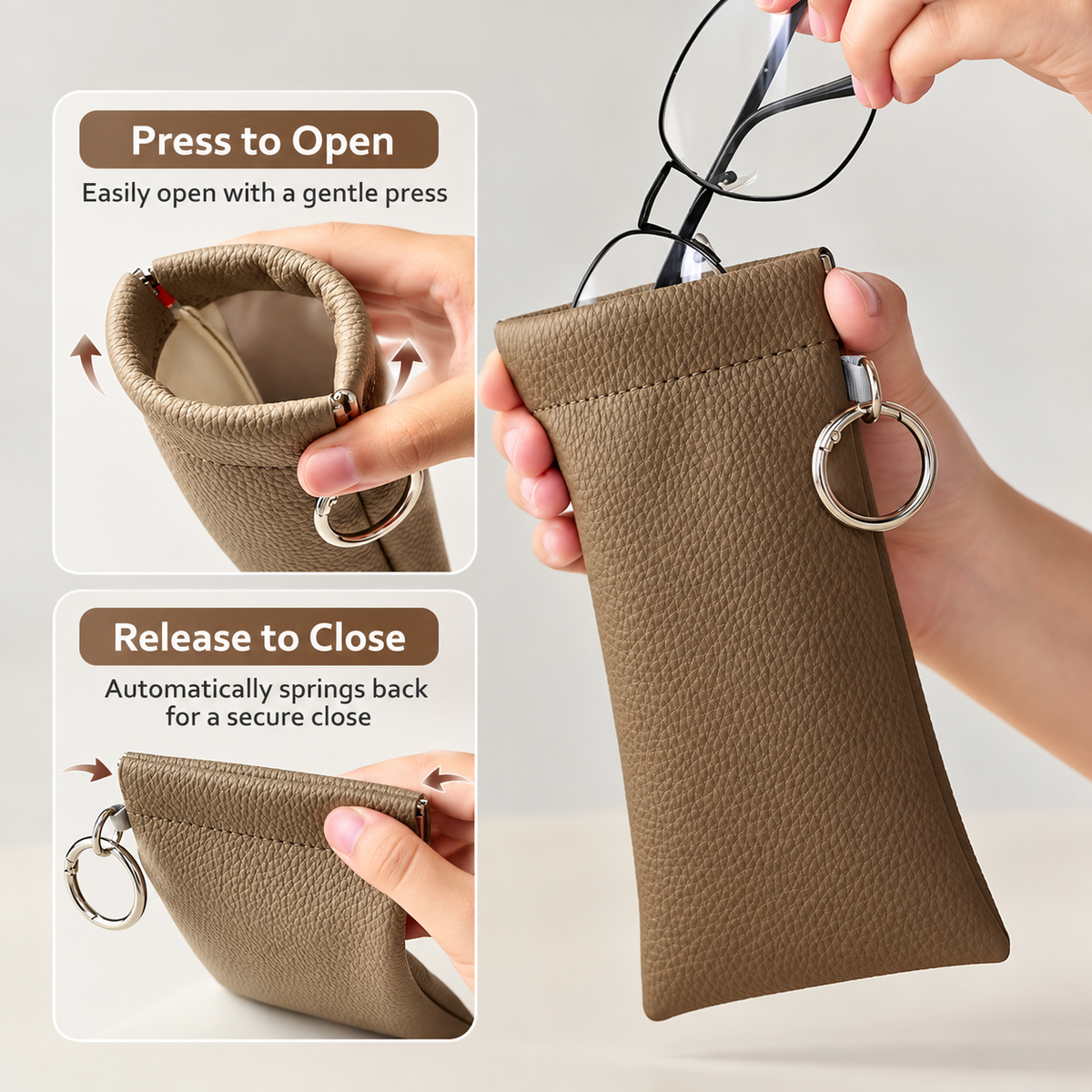 Custom PU Leather Eyeglass Case with Automatic Closure, Large Capacity Sunglasses & Glasses Pouch, Long Protective Eyewear Case