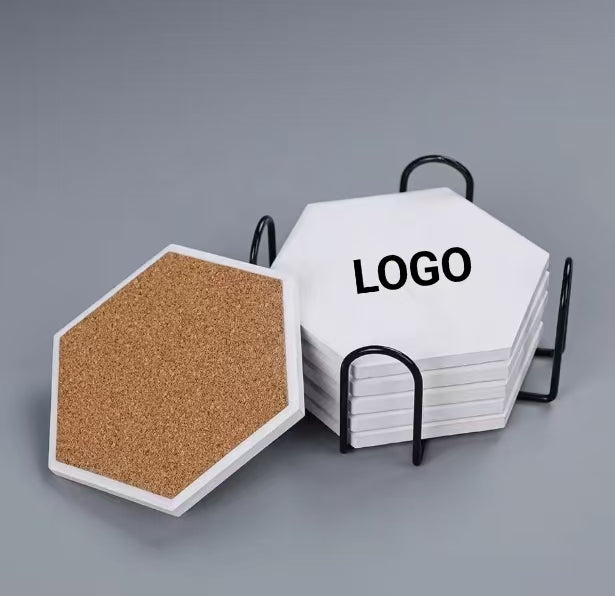 Custom Logo Printed Hexagon Eco-Friendly UV/Printed Beer Coaster Sublimation Ceramic Mats Pads Cork Bottom Modern Home