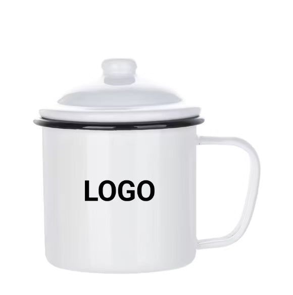 Taza de café deportiva de esmalte blanco personalizada de 12 oz con tapa, venta al por mayor