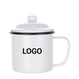 Taza de café deportiva de esmalte blanco personalizada de 12 oz con tapa, venta al por mayor