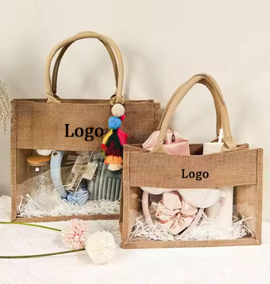 Bolsa de regalo de yute con logotipo personalizado, transparente, para fiestas, ecológica, de arpillera, con ventana frontal transparente de PVC.