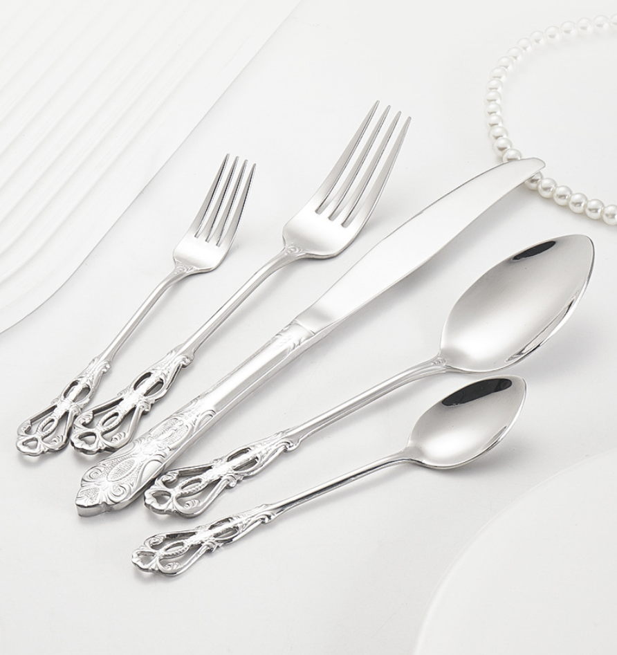 Cubiertos de acero inoxidable European Royal: cuchillo, tenedor y cuchara para carne con relieve y diseño hueco tallado para restaurantes en casa y hoteles. 