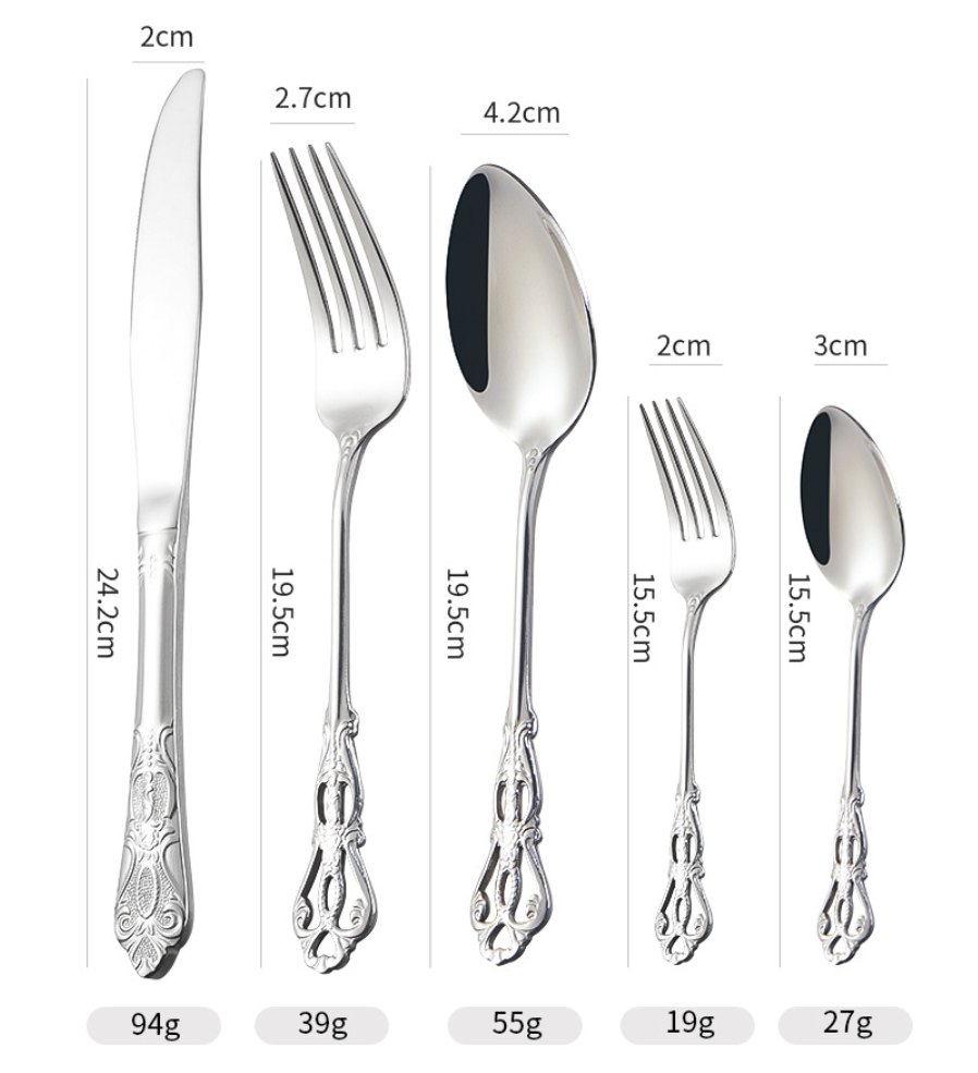 Cubiertos de acero inoxidable European Royal: cuchillo, tenedor y cuchara para carne con relieve y diseño hueco tallado para restaurantes en casa y hoteles. 