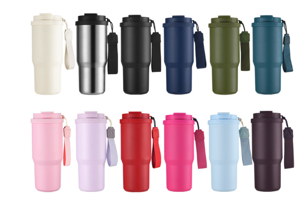 Taza de viaje con aislamiento al vacío de acero inoxidable 304 de 25 oz con correa de transporte, vaso de café portátil para auto, marca personalizada disponible