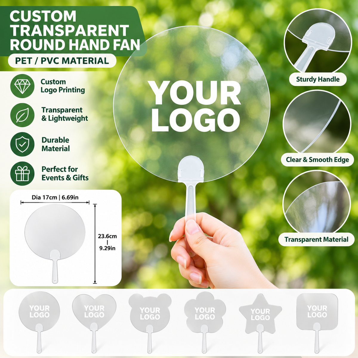 Custom Transparent Hand Fan – PET/PVC Promotional Fan with Logo Printing