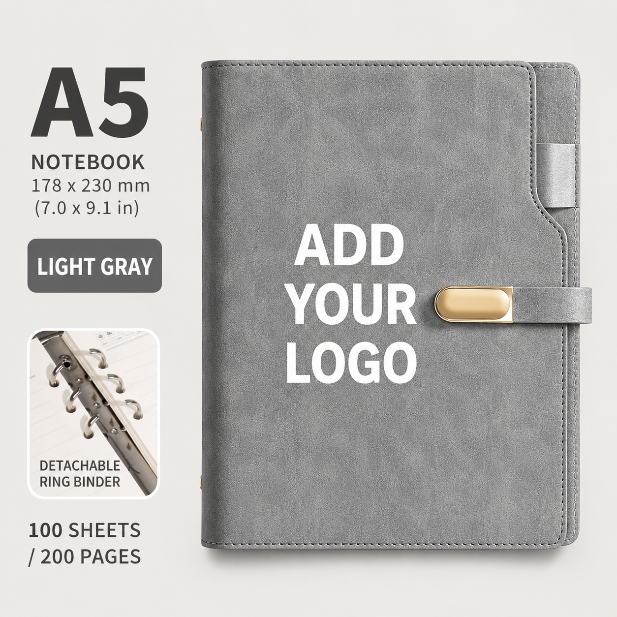 Custom Logo A5 Refillable PU Leather Notebook with 6-Ring Binder, 100 Sheets / 200 Pages, Business Journal Organizer