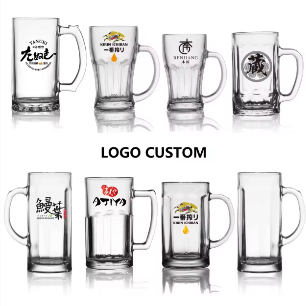 Vasos de cerveza de pared gruesa transparentes de 500 ml con logotipo personalizado, venta al por mayor, con asa para bar 