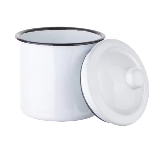 Taza de café deportiva de esmalte blanco personalizada de 12 oz con tapa, venta al por mayor
