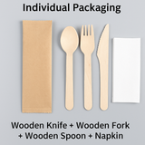 Juego de cubiertos de madera biodegradables: cuchillo, tenedor y cuchara occidentales de tejido para comida para llevar y envasado de alimentos.