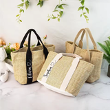 Bolso de mano de yute con correa de lona tejida y logotipo personalizado para mujer, bolso de playa informal de verano, bolso de hombro de paja a la moda