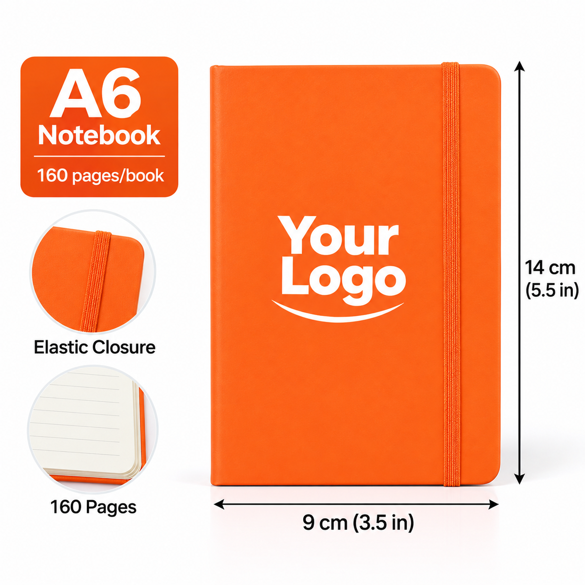 Custom A6 Notebook Wholesale | Personalized Pocket Journal with Logo, Elastic Strap, 160 Pages, 9 × 14 cm (3.5 × 5.5 in)