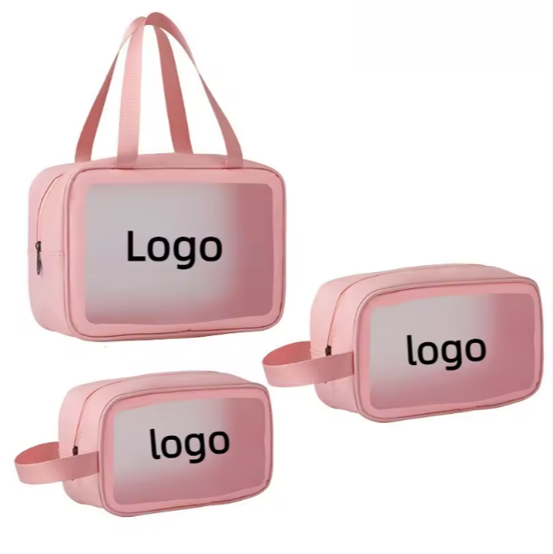 Bolsas de viaje para artículos de tocador, personalizadas, impermeables, de PVC transparente, con asa, cremallera y logotipo.