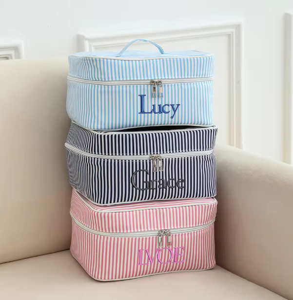 Bolsas organizadoras de viaje de lona a rayas personalizadas de gran capacidad con impresión de logotipo
