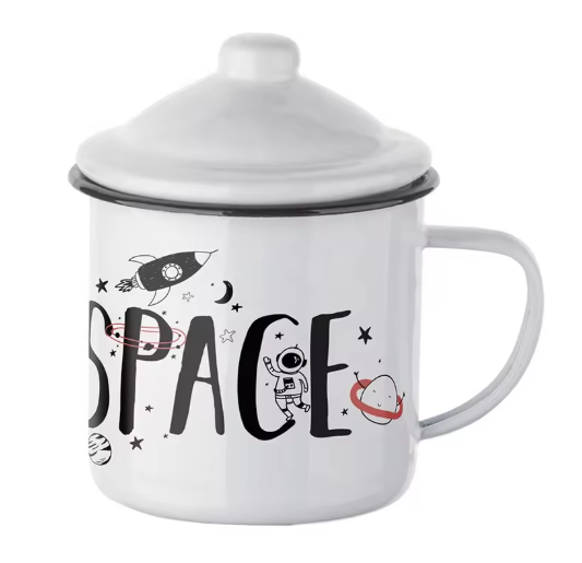 Taza de café deportiva de esmalte blanco personalizada de 12 oz con tapa, venta al por mayor