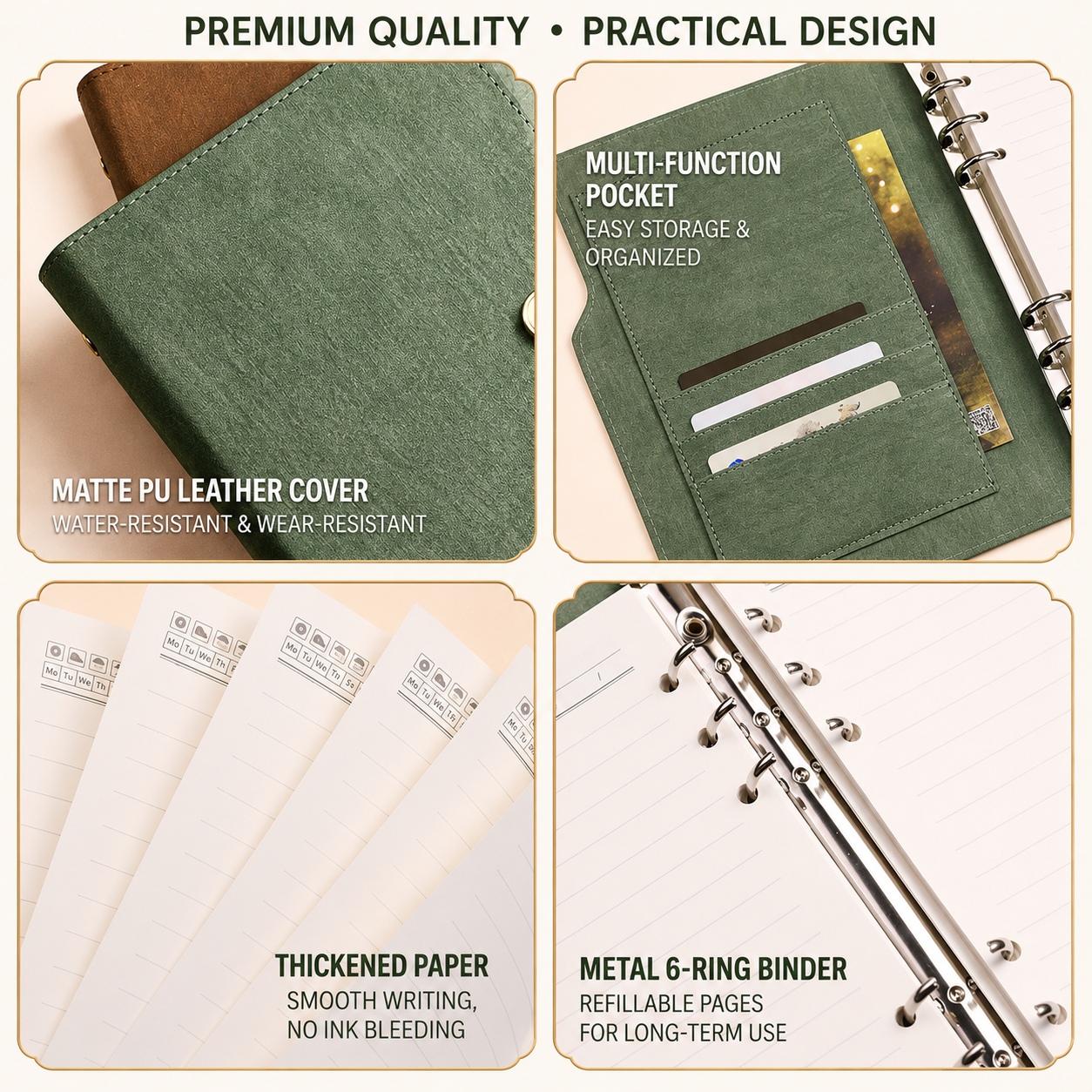 Custom Logo A5 Refillable PU Leather Notebook with 6-Ring Binder, 100 Sheets / 200 Pages, Business Journal Organizer