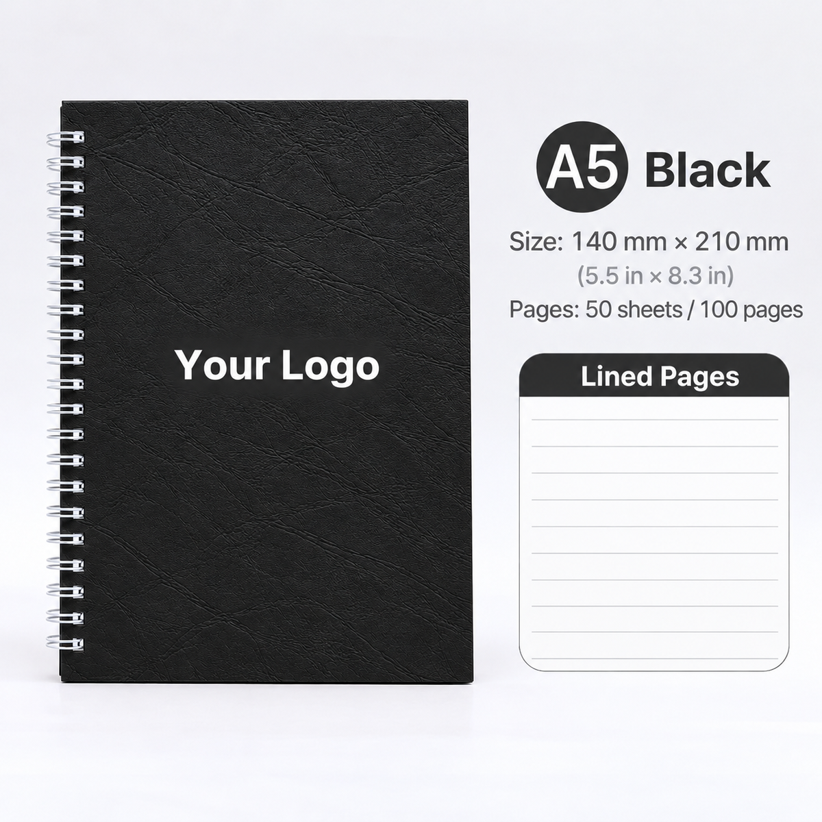 Custom Logo A5 Spiral Notebook, Personalized Lined Journal, 100 Pages, 5.5" x 8.3"