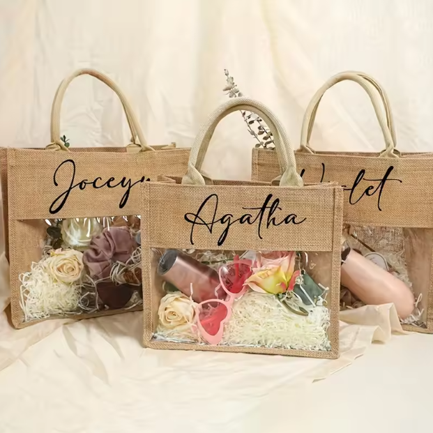 Bolsa de regalo de yute con logotipo personalizado, transparente, para fiestas, ecológica, de arpillera, con ventana frontal transparente de PVC.