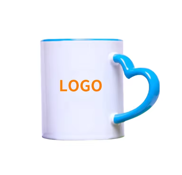 Tazas de cerámica para café de 11 oz con logotipo personalizado y asa en forma de corazón, para sublimación, personalizables.
