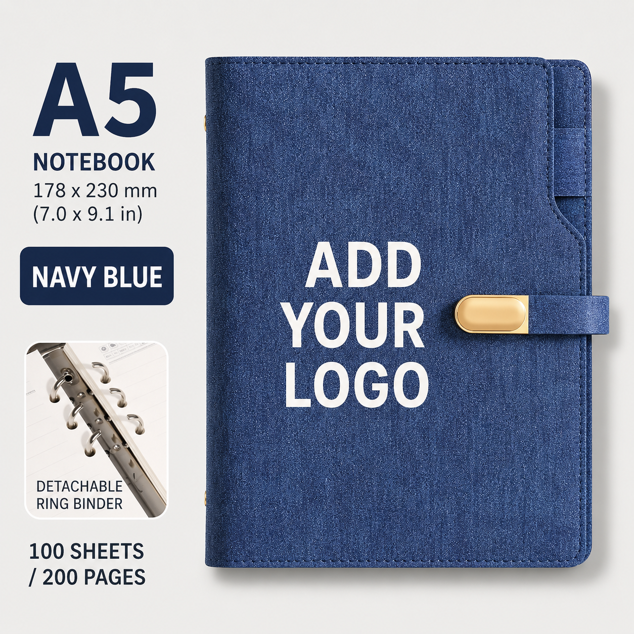 Custom Logo A5 Refillable PU Leather Notebook with 6-Ring Binder, 100 Sheets / 200 Pages, Business Journal Organizer