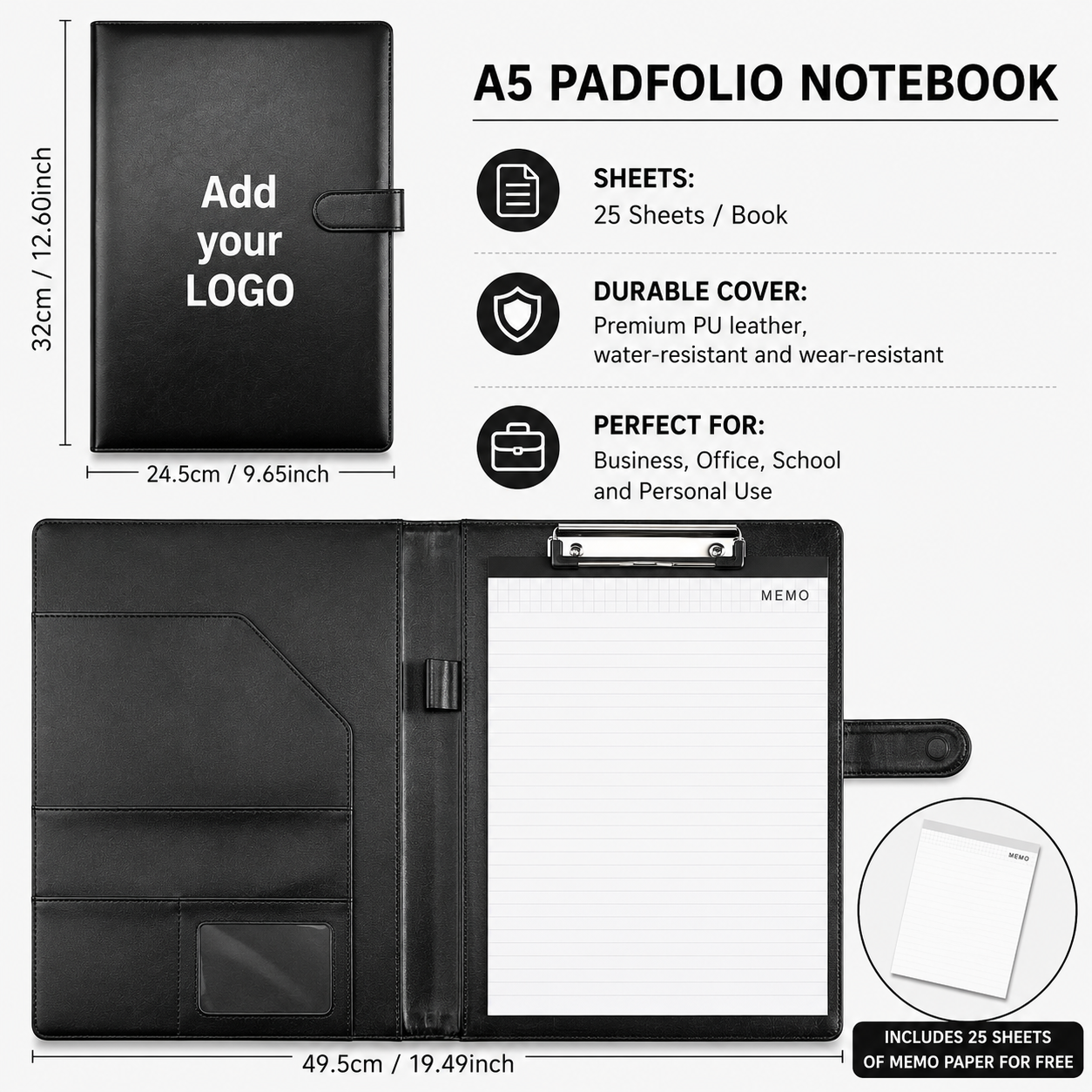 Custom Logo A4 PU Leather Padfolio Portfolio Folder with Clipboard, Memo Pad, Card Holder & Pen Loop for Business Office