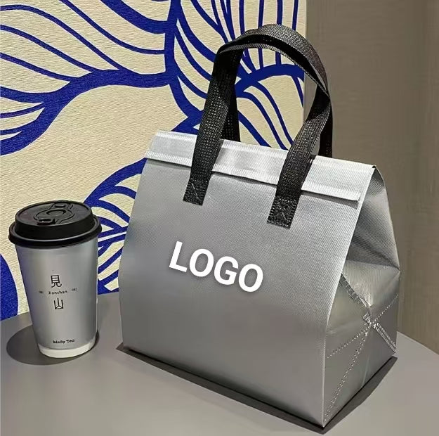 Bolsas térmicas desechables reciclables de PP no tejidas para sándwiches y pasteles, con logotipo personalizado, con asa, resistentes y aislantes, para entrega de alimentos calientes o fríos.