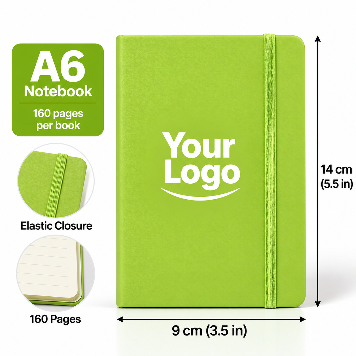 Custom A6 Notebook Wholesale | Personalized Pocket Journal with Logo, Elastic Strap, 160 Pages, 9 × 14 cm (3.5 × 5.5 in)