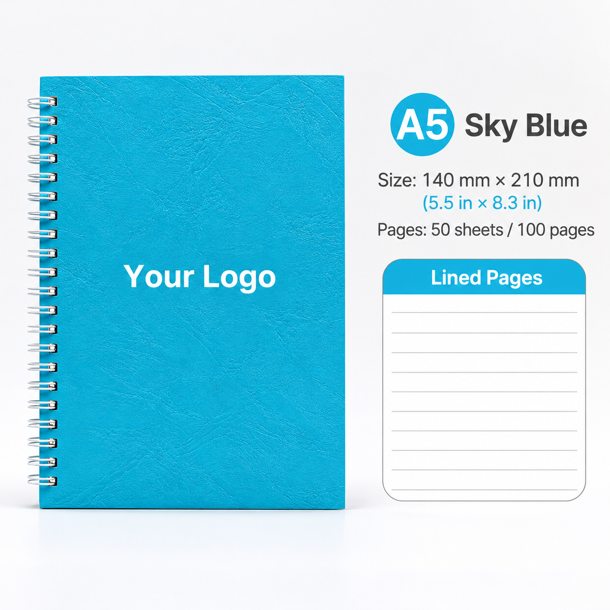 Custom Logo A5 Spiral Notebook, Personalized Lined Journal, 100 Pages, 5.5" x 8.3"