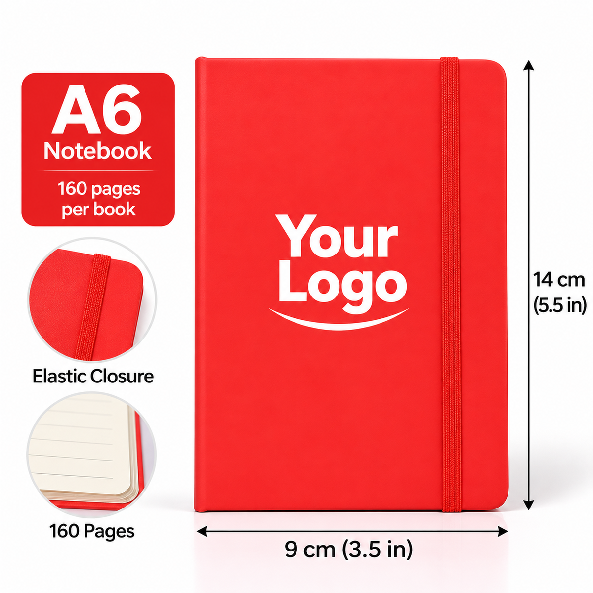 Custom A6 Notebook Wholesale | Personalized Pocket Journal with Logo, Elastic Strap, 160 Pages, 9 × 14 cm (3.5 × 5.5 in)