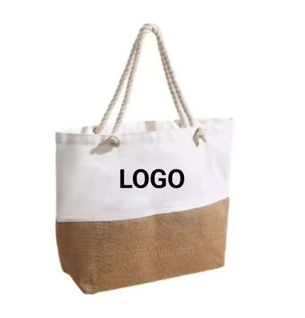 Bolsa de lona de patchwork de gran capacidad con logotipo personalizado, bolsa de algodón y lino, bolsa de yute portátil de algodón y lino, venta al por mayor