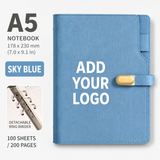 Custom Logo A5 Refillable PU Leather Notebook with 6-Ring Binder, 100 Sheets / 200 Pages, Business Journal Organizer