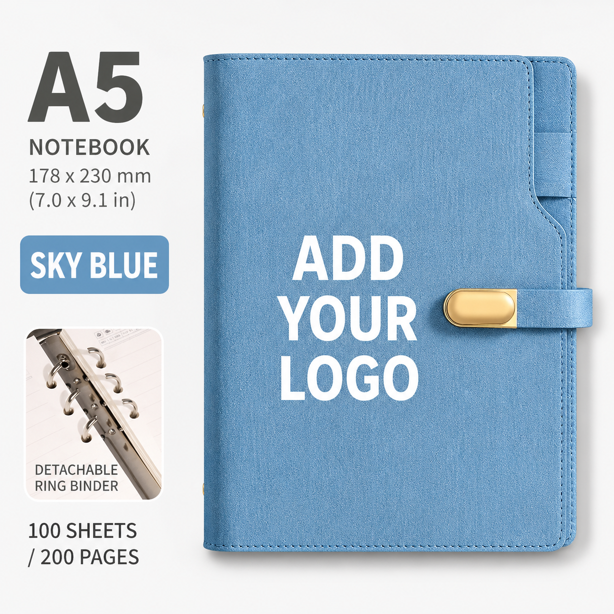 Custom Logo A5 Refillable PU Leather Notebook with 6-Ring Binder, 100 Sheets / 200 Pages, Business Journal Organizer