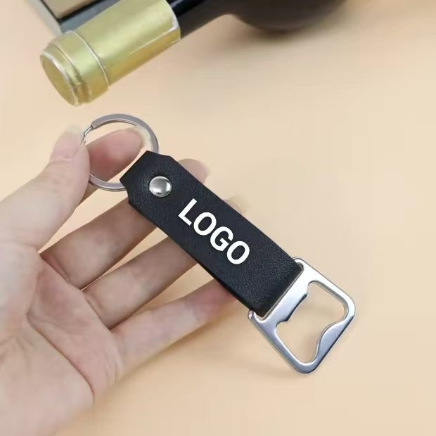 Custom Logo High Quality PU Leather Strap Key Tag Bottle Opener Keychain Multi-Color Portable Beer Opener Durable Metal Bottle Opener