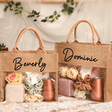 Bolsas de regalo de boda portátiles con logotipo impreso personalizado al por mayor, de arpillera, de yute, de lino, con asa de cuerda de algodón y ventana transparente.