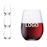 Copa de vino transparente sin tallo de 16 oz con logotipo personalizado y palabra definitiva grabada. Opciones en rojo o blanco.