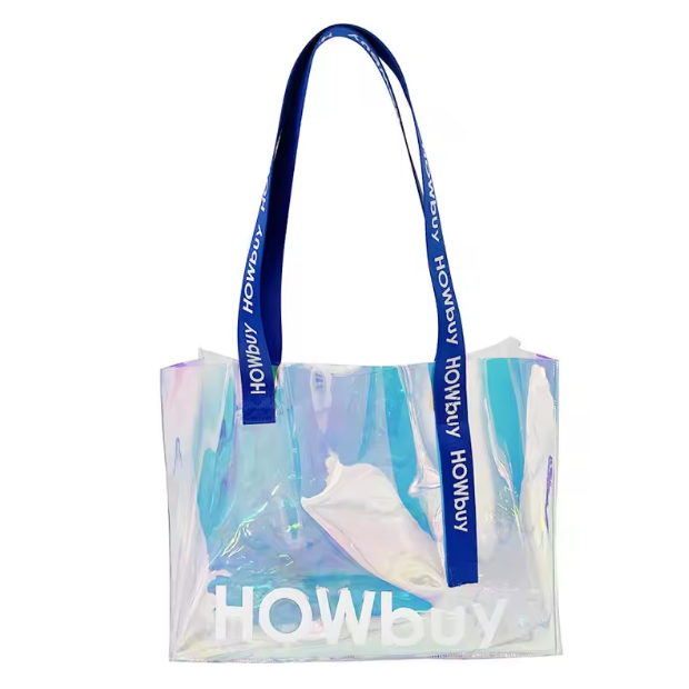 Nueva bolsa de compras transparente de PVC con logotipo personalizado impreso a la moda, bolsa de compras impermeable de PVC, bolsa de playa
