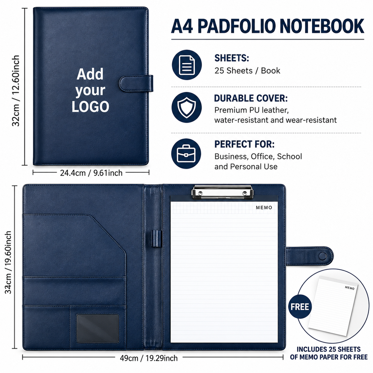 Custom Logo A4 PU Leather Padfolio Portfolio Folder with Clipboard, Memo Pad, Card Holder & Pen Loop for Business Office