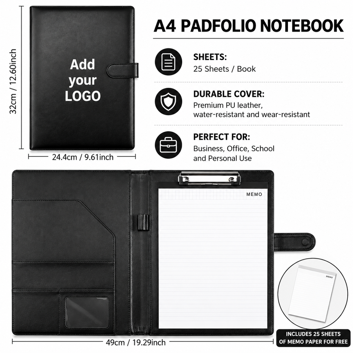 Custom Logo A4 PU Leather Padfolio Portfolio Folder with Clipboard, Memo Pad, Card Holder & Pen Loop for Business Office