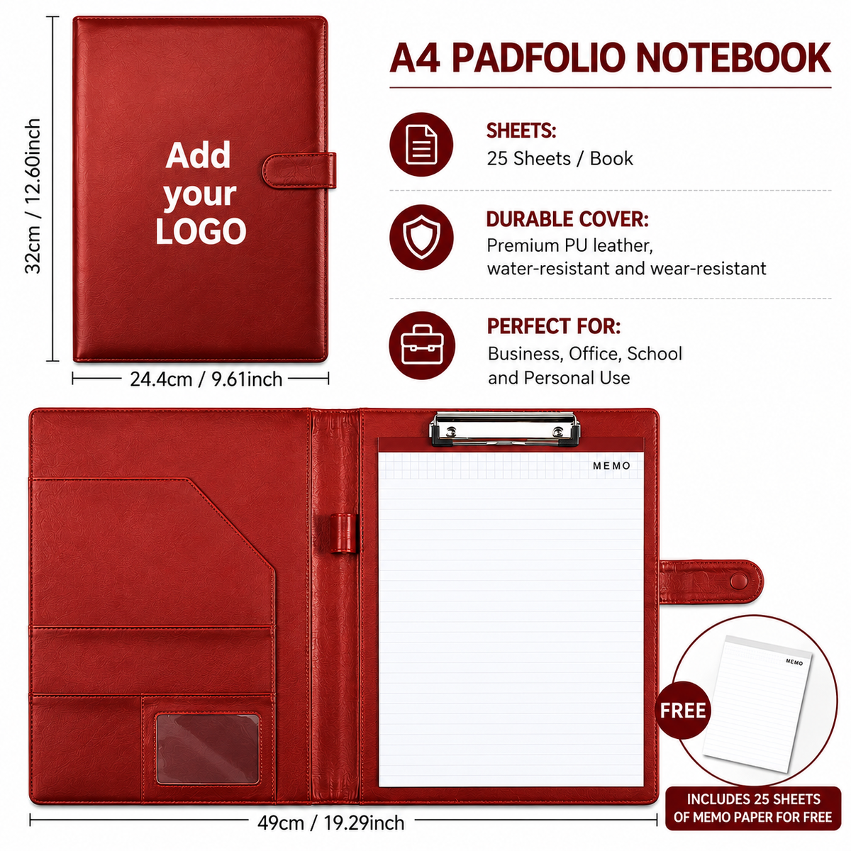 Custom Logo A4 PU Leather Padfolio Portfolio Folder with Clipboard, Memo Pad, Card Holder & Pen Loop for Business Office