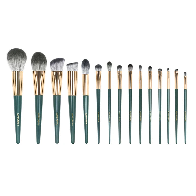 Juego de 15 brochas de maquillaje de pelo sintético verde de alta calidad, profesionales y personalizadas de fábrica.