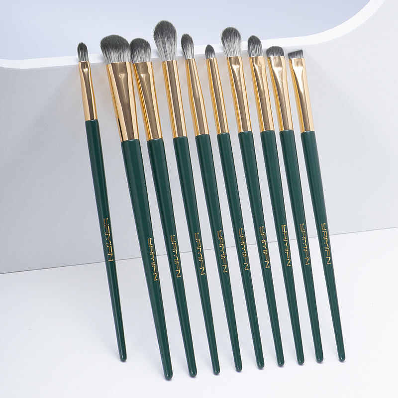 Juego de 15 brochas de maquillaje de pelo sintético verde de alta calidad, profesionales y personalizadas de fábrica.