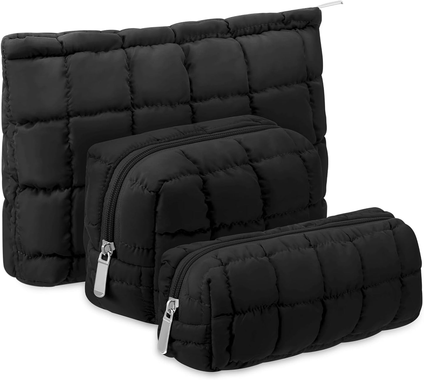 3 Pcs Portable Cute Puffy Quilted Makeup Bag Cosmetic Pouch Makeup Case Organizer with Zipper for Women Travel Organization